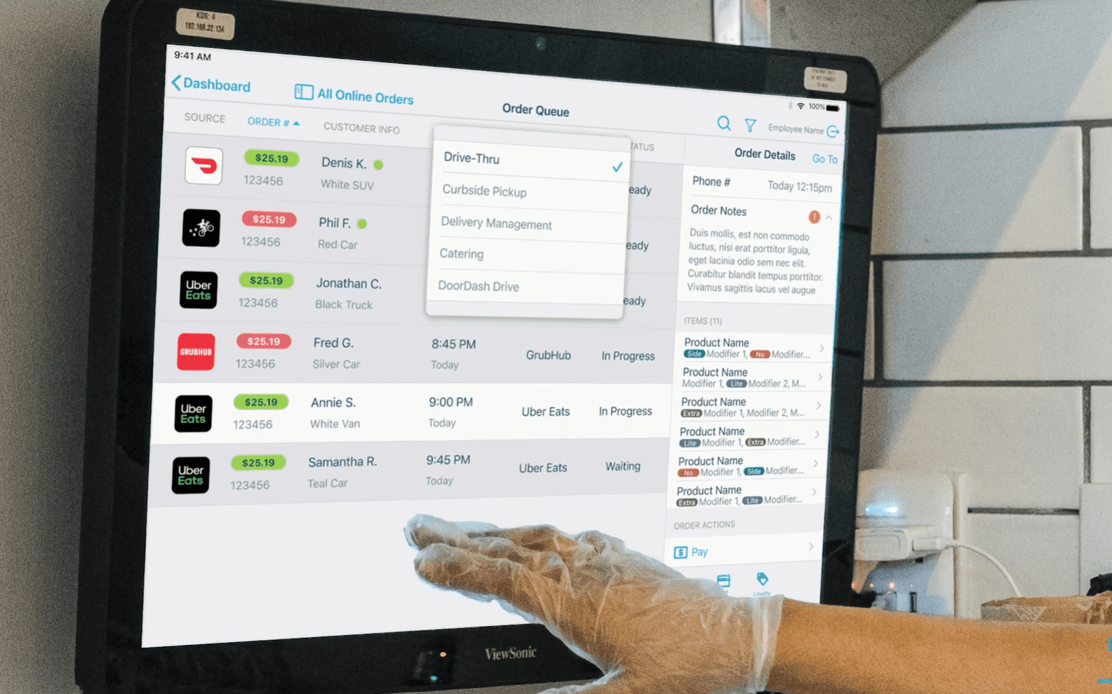 Revel Systems kitchen display system displaying online orders from third-party delivery platforms