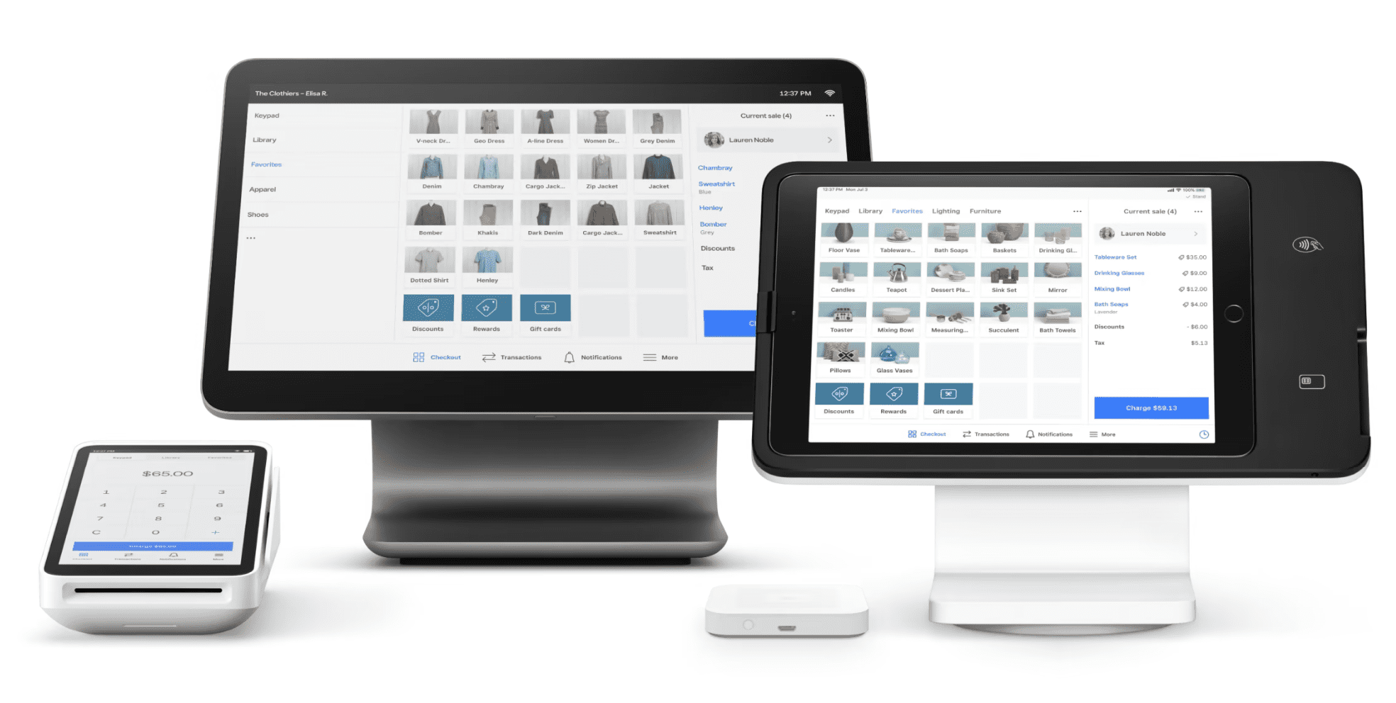 Square POS on iPad, Square Register, and Square contactless card reader