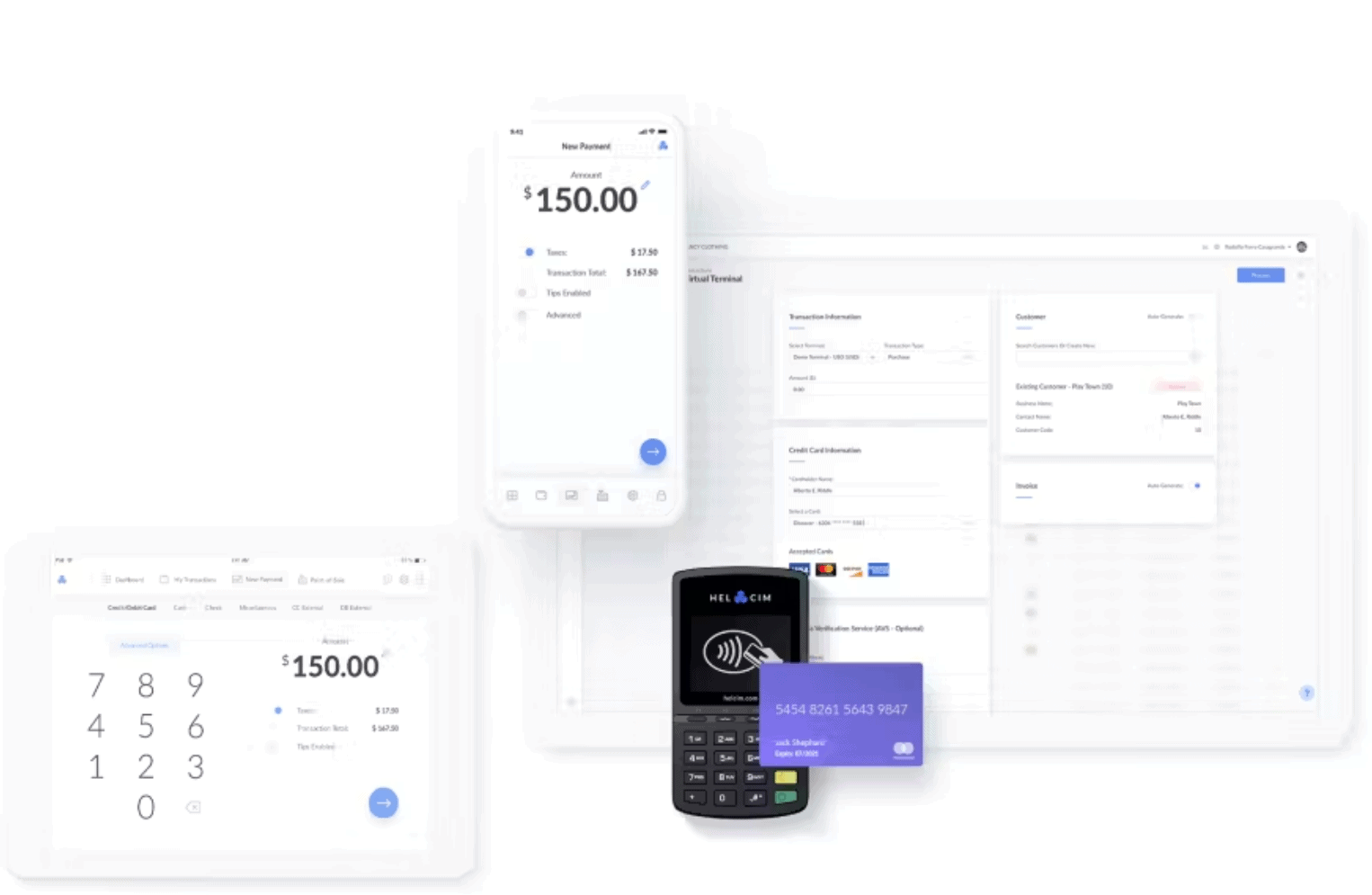 Helcim POS on smartphone, tablet, and desktop, plus Helcim card reader