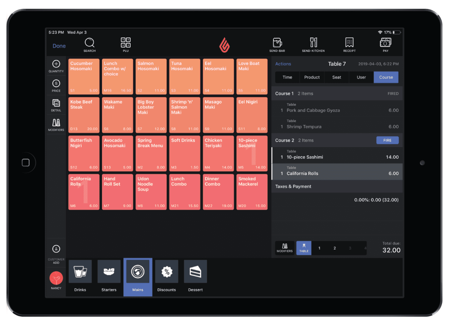 Lightspeed Restaurant tablet POS user interface