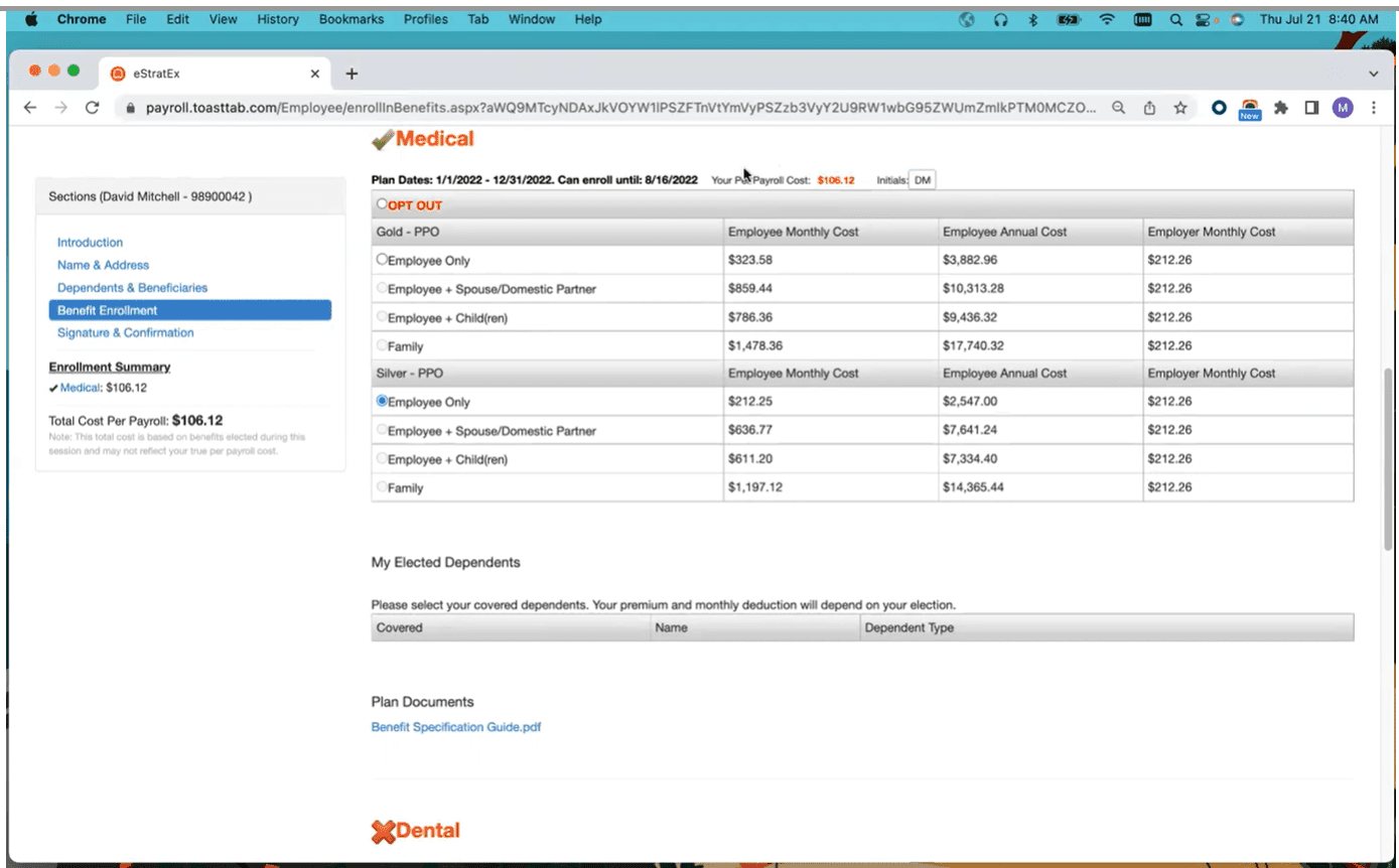 Toast Payroll benefits administration