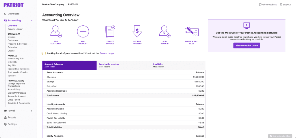 Screen grab of Patriot Accounting's home dashboard