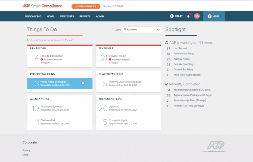 ADP SmartCompliance Tax Dashboard screen