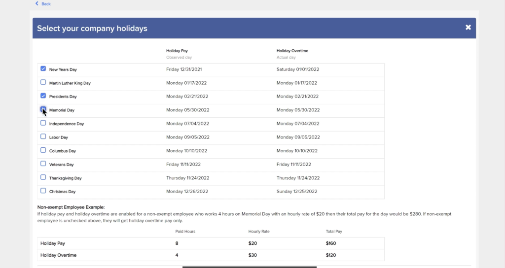 ADP Company Holiday Management screen