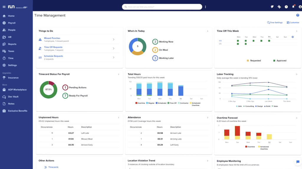 ADP Time Management Dashboard screen