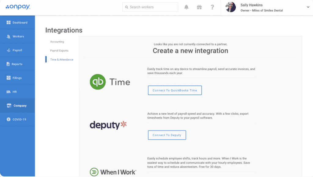 screenshot of OnPay's time tracking integration options