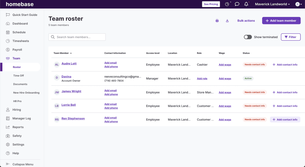 screenshot of Homebase's "Team" dashboard