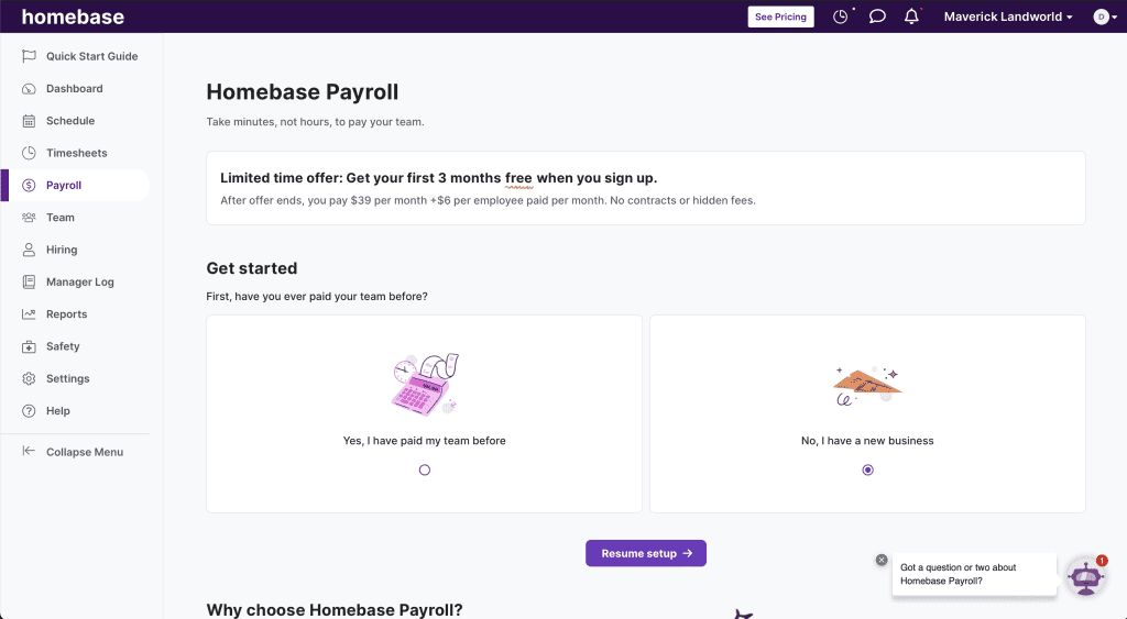 screenshot of Homebase's payroll dashboard
