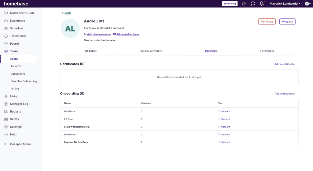 screenshot of Homebase's employee profile management dashboard