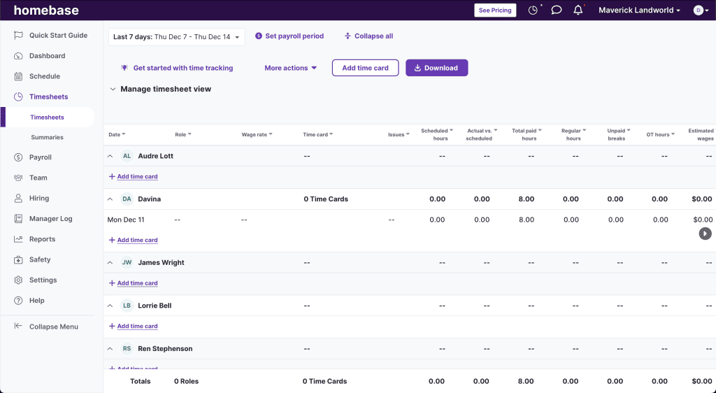 screenshot of Homebase's timesheet dashboard