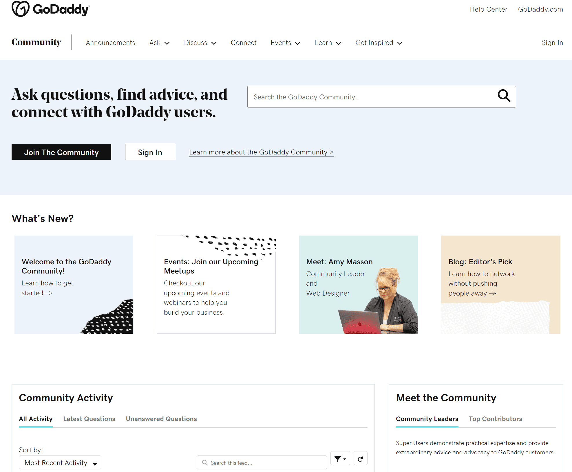 Screenshot of GoDaddy Community forum homepage