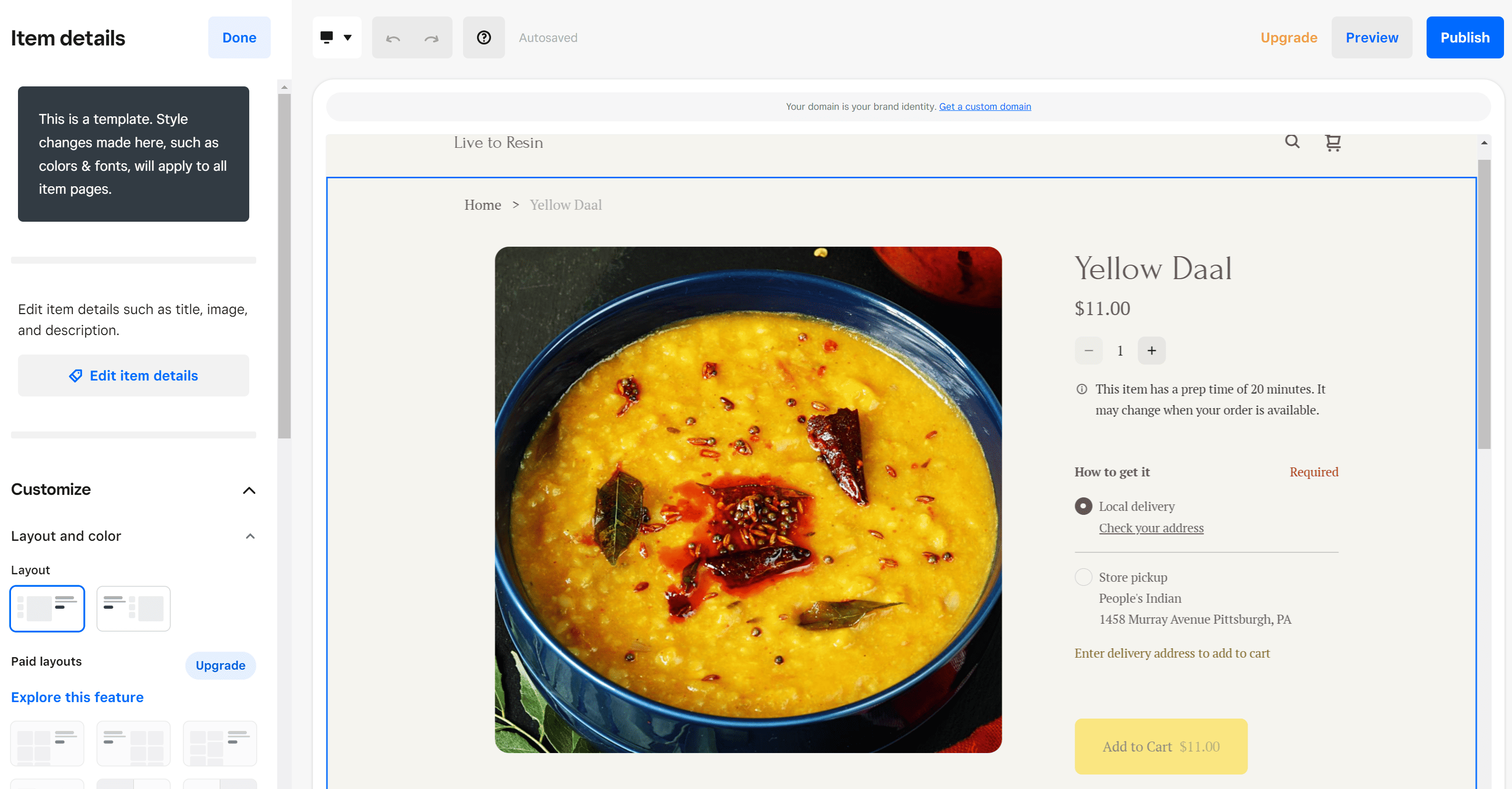 Customize Square For Restaurants online ordering site for Indian restaurant