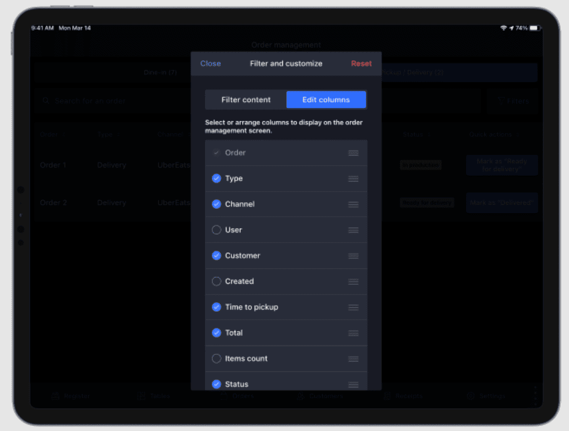 Lightspeed Restaurant online order management display settings on POS device